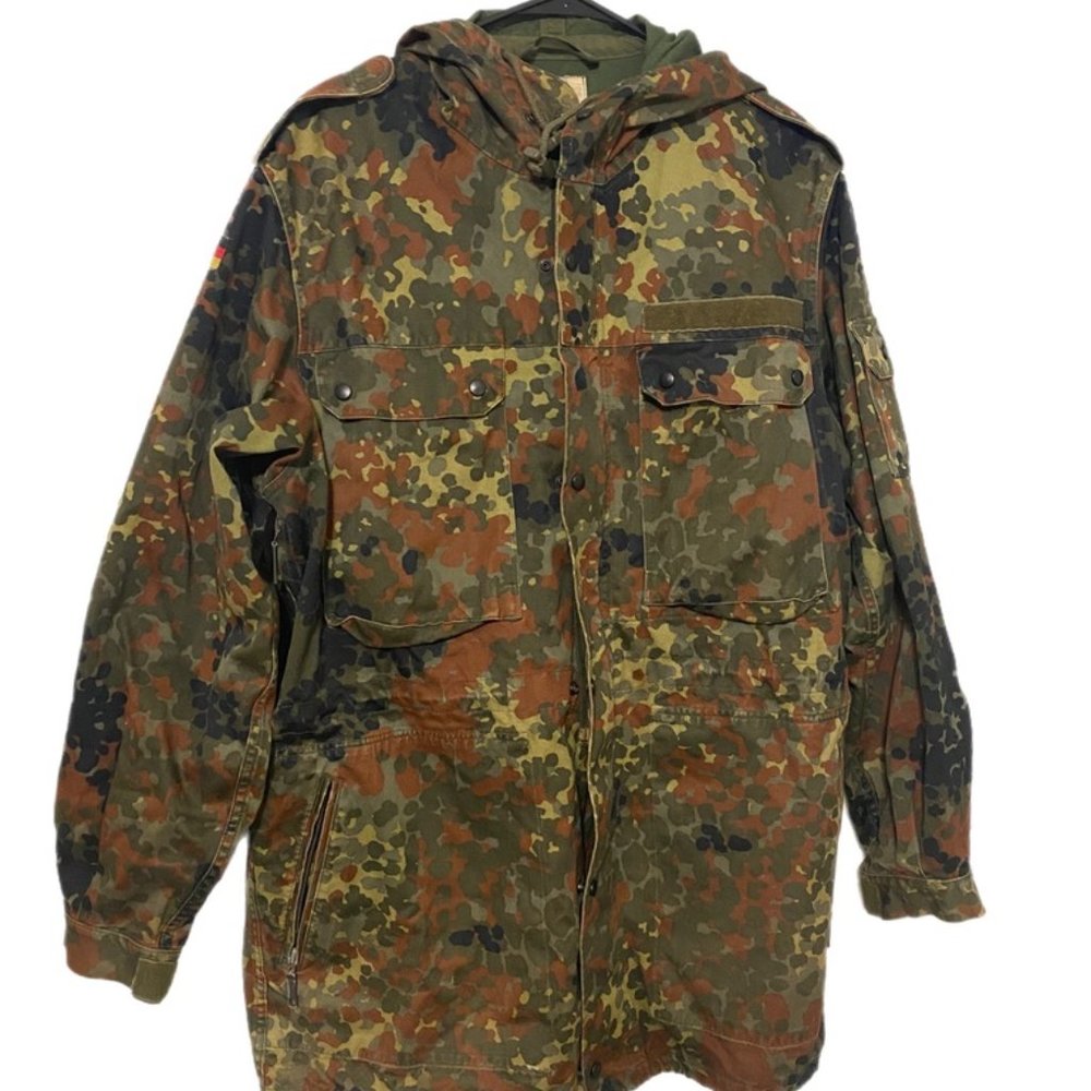 German Army Feuchter Ringelai Vintage Military Hooded Camo Parka Jacket - Size L